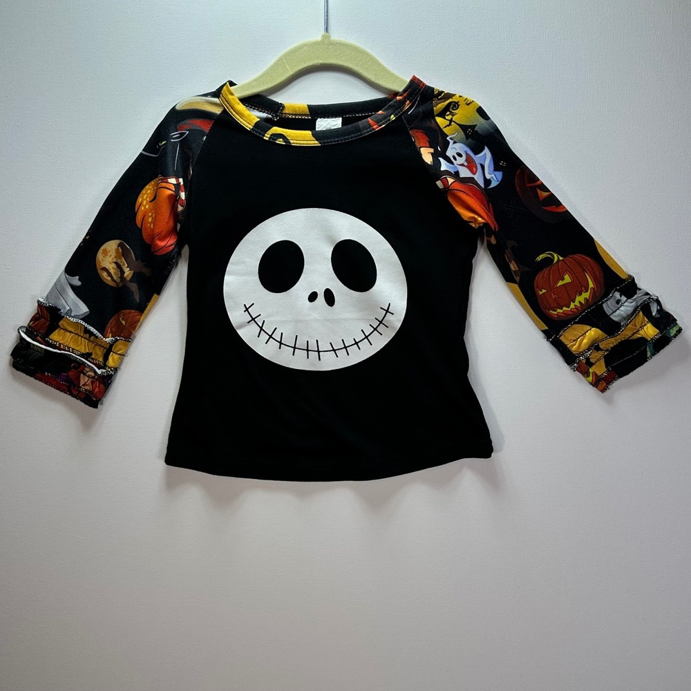 Baby Ball Jack Skellington Halloween Ruffle Raglan Shirt Black Orange 12-18M